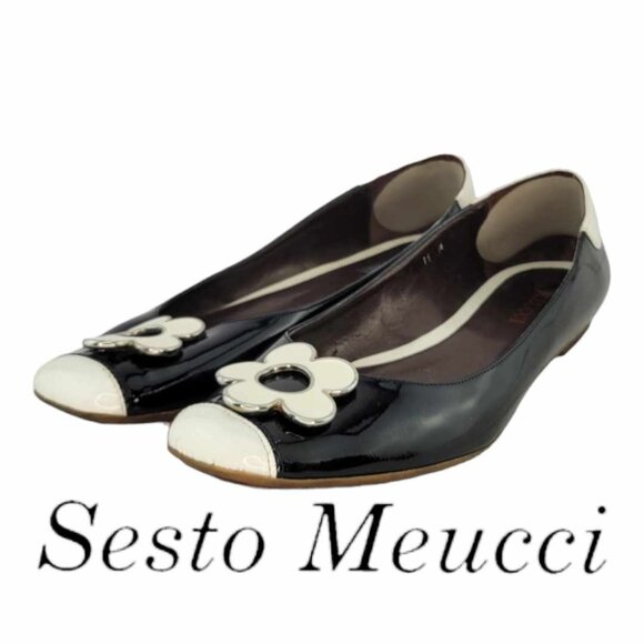 Sesto Meucci Black and Cream Patent Leather Flowered Ballet Flats Women's Sz 11 - Picture 1 of 10